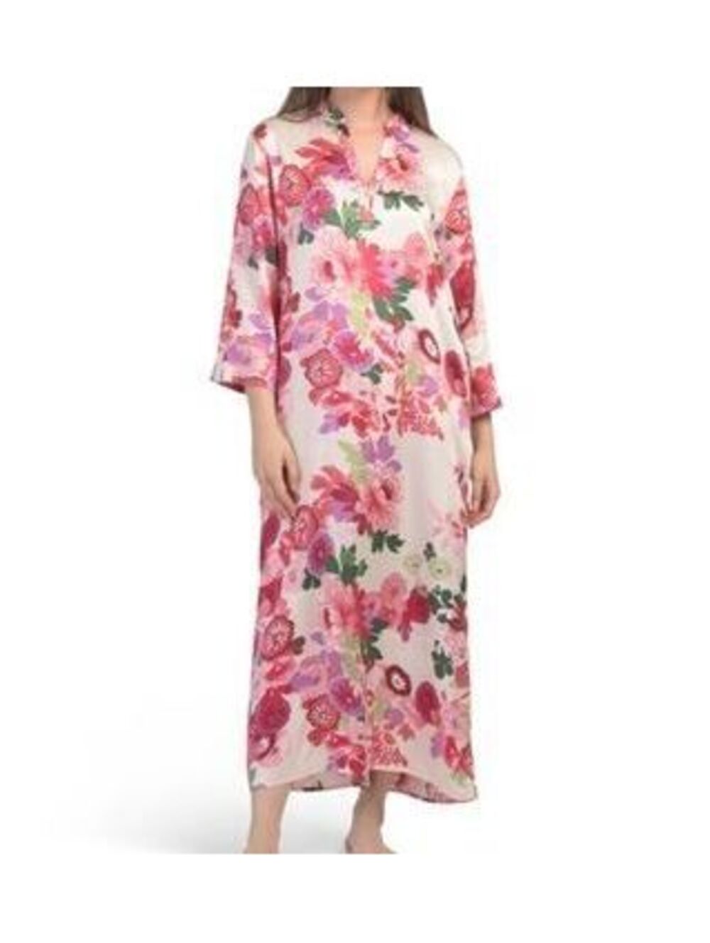 Natori Floral Kaftan Maxi Dress Pink Botanical Resortwear Boho Loungewear Luxe M